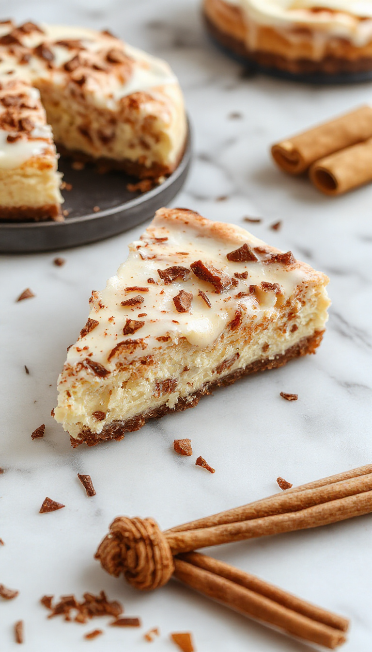 A close-up of a slice of cinnamon-spiced cheesecake with a smooth, creamy filling, topped with a dusting of cinnamon and a drizzle of caramel sauce, presented on a rustic wooden plate with a cinnamon stick garnish and soft, warm lighting highlighting its rich texture and inviting appearance