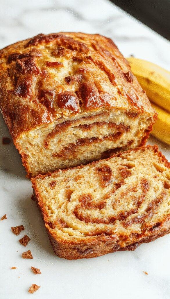 A freshly sliced cinnamon swirl banana bread loaf showcasing its moist interior and rich cinnamon swirl pattern on a rustic wooden table.