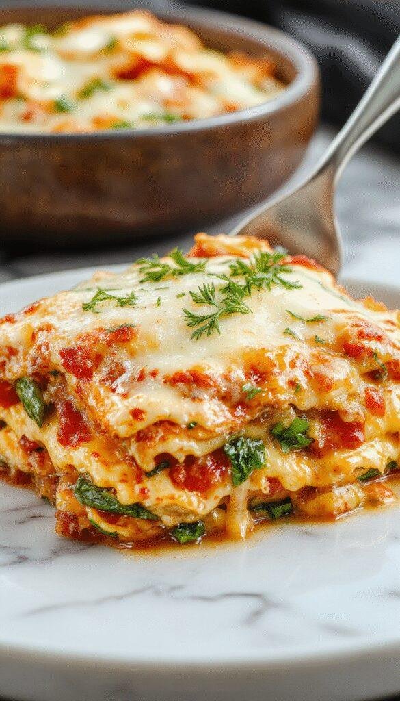 A vibrant white lasagna layered with colorful vegetables like spinach, bell peppers, cherry tomatoes, and zucchini, topped with melted cheese and garnished with fresh herbs on a rustic white plate, with a backdrop of a wooden table and natural sunlight highlighting the textures and colors.