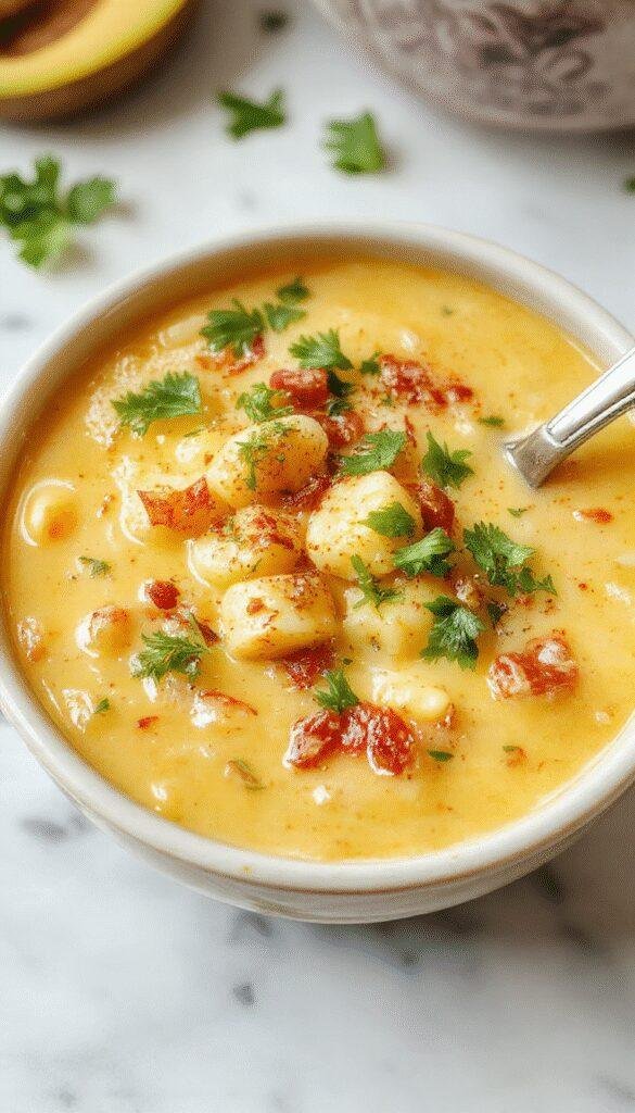 A warm bowl of Cozy Crockpot Zesty Street Corn Soup garnished with fresh herbs and a slice of lime, surrounded by ingredients like corn, spices, and creamy toppings.