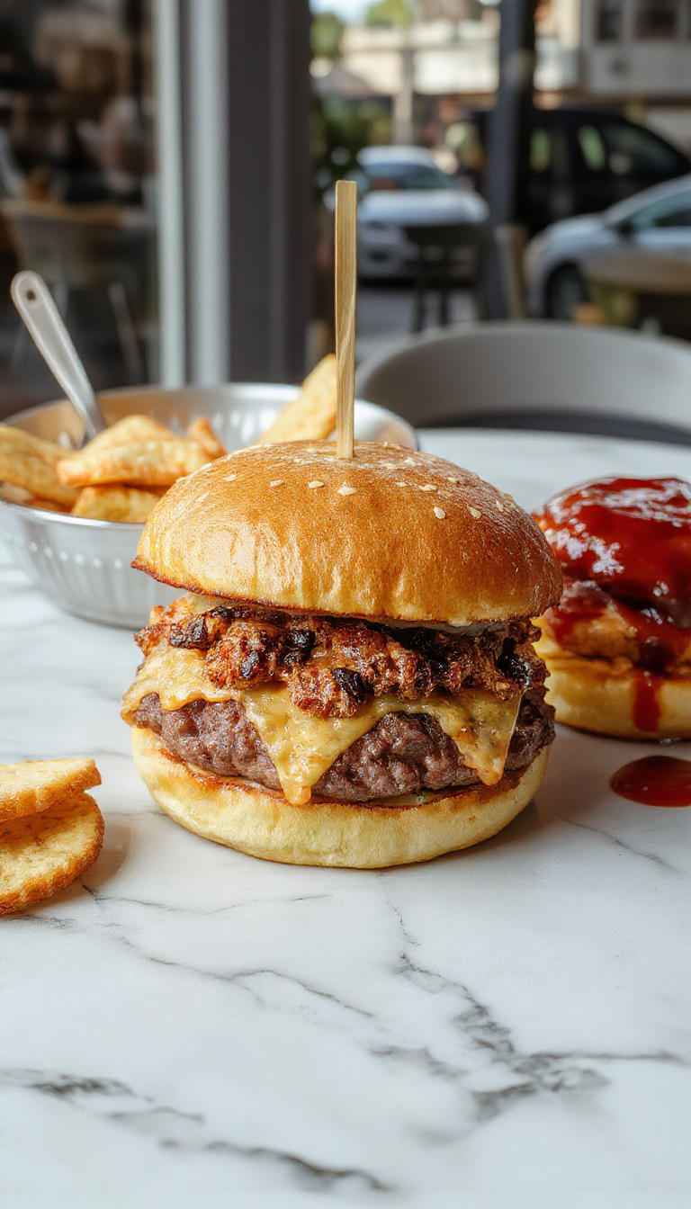 A juicy, golden-brown crack burger with melted cheese oozing over the edges, topped with crispy bacon, fresh lettuce, and tomato slices on a rustic wooden plate