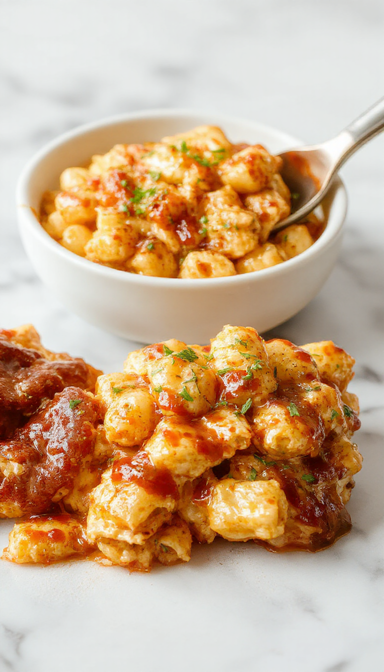 A vibrant plate of BBQ chicken mac and cheese featuring creamy cheese sauce coating curly macaroni, topped with grilled BBQ chicken pieces, garnished with chopped parsley, served on a rustic white plate with a side of crispy bacon bits and a drizzle of smoky BBQ sauce. The dish looks rich, cheesy, and inviting with contrasting textures of tender chicken and al dente pasta.
