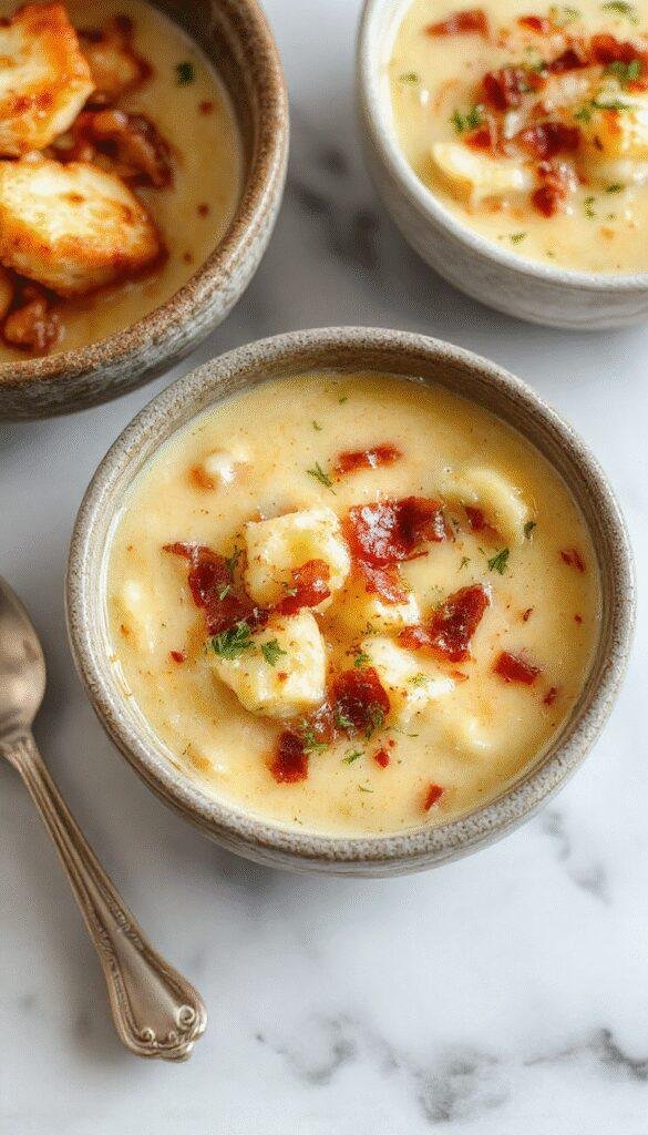A vibrant bowl of creamy bacon cheddar gnocchi soup featuring golden-brown crispy bacon crumbles, melted cheddar cheese, plump gnocchi, served in a rustic white bowl with fresh herbs and a spoon on a wooden table