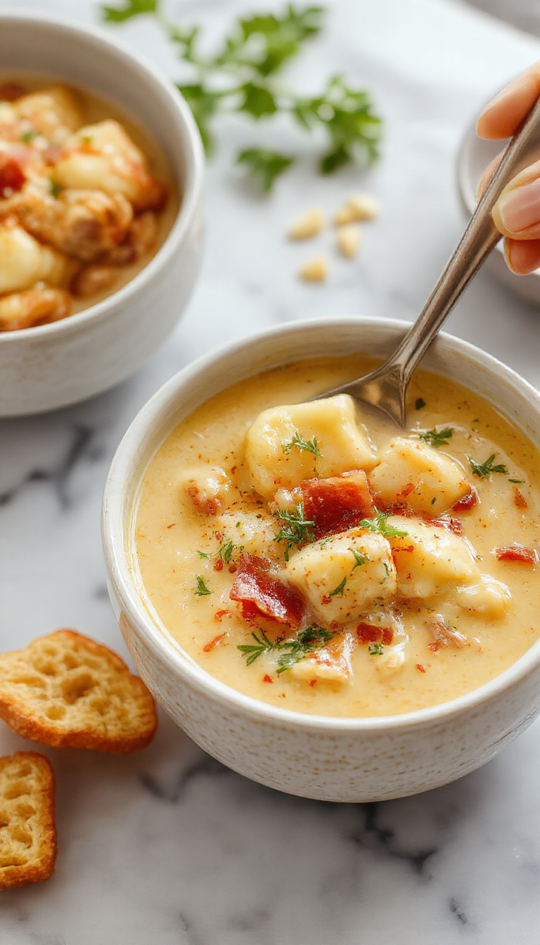 A vibrant bowl of creamy bacon cheddar gnocchi soup topped with crispy bacon bits, melted cheddar cheese, and fresh herbs, served in a rustic white bowl on a wooden table with a spoon, colorful vegetables and a slice of crusty bread in the background.