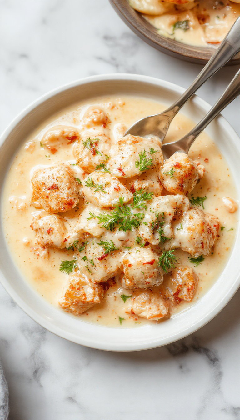 A close-up of a creamy chicken stroganoff dish on a white plate, showcasing tender chicken pieces and mushroom slices in a luscious sauce, garnished with fresh parsley, with a rustic wooden background and a sprinkle of herbs for accent.
