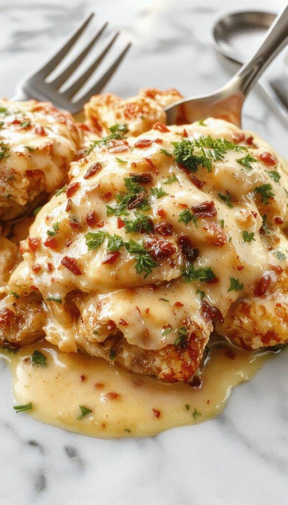 A close-up view of a creamy baked chicken stroganoff served in a rustic white casserole dish. Generous portions of tender shredded chicken and sautéed mushrooms are mixed in a rich, velvety sauce with a hint of parsley garnish on top. The dish is styled on a wooden table with a spoon, surrounded by fresh ingredients like mushrooms and herbs, highlighting its comforting, hearty appeal and inviting textures.