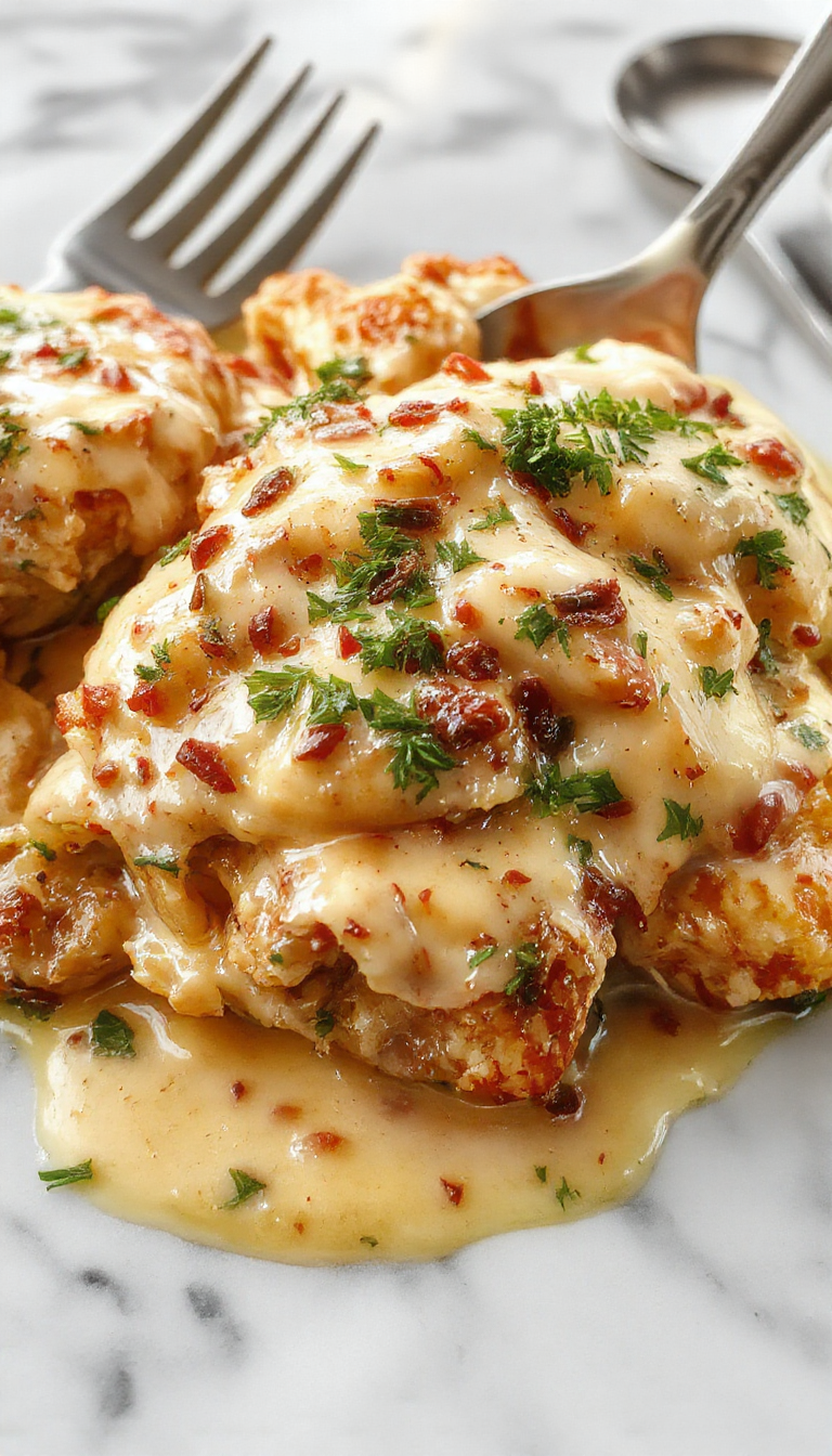 A close-up view of a creamy baked chicken stroganoff served in a rustic white casserole dish. Generous portions of tender shredded chicken and sautéed mushrooms are mixed in a rich, velvety sauce with a hint of parsley garnish on top. The dish is styled on a wooden table with a spoon, surrounded by fresh ingredients like mushrooms and herbs, highlighting its comforting, hearty appeal and inviting textures.