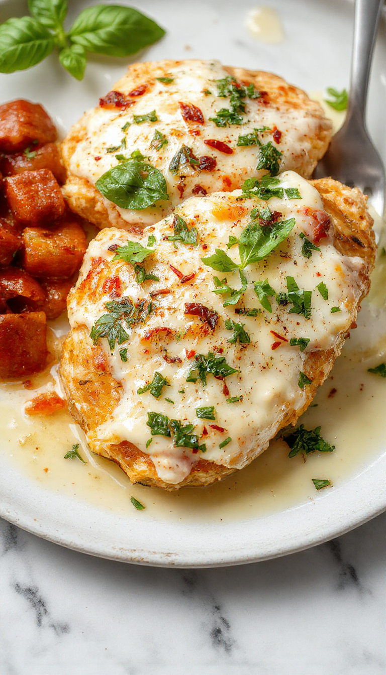 A elegantly plated dish featuring tender chicken breasts topped with melted mozzarella cheese, draped in vibrant green basil cream sauce, garnished with fresh basil leaves on a rustic white plate, with a drizzle of sauce and a side of colorful cherry tomatoes and greens, styled with a wooden background.