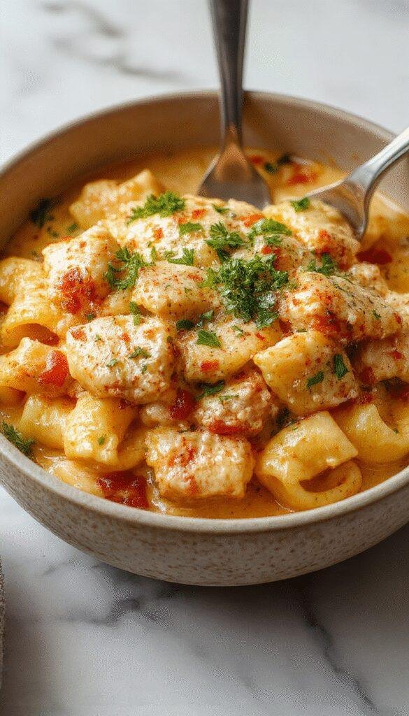 A vibrant plate of creamy Cajun chicken pasta with golden-brown sliced chicken, red and green bell peppers, and fettuccine coated in a rich, spicy creamy sauce, garnished with fresh herbs, styled on a rustic wooden table with a colorful background