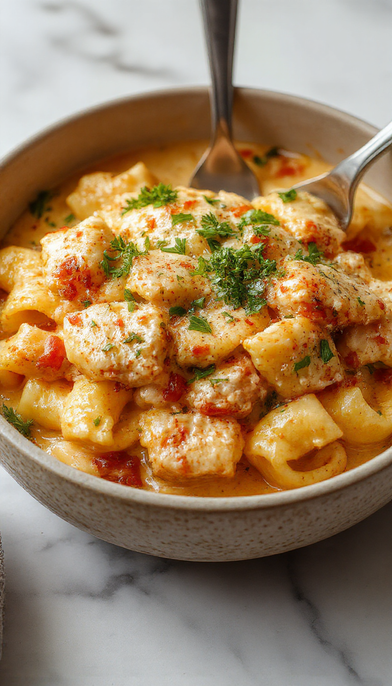 A vibrant plate of creamy Cajun chicken pasta with golden-brown sliced chicken, red and green bell peppers, and fettuccine coated in a rich, spicy creamy sauce, garnished with fresh herbs, styled on a rustic wooden table with a colorful background