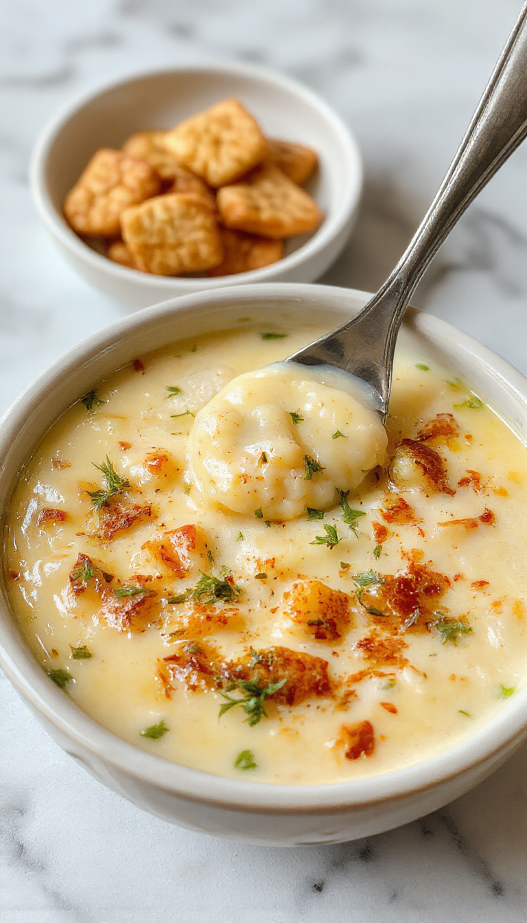 A bowls of creamy potato soup topped with melted cheddar cheese, sprinkled with fresh herbs and drizzled with garlic oil. The presentation shows a rustic wooden table with the soup in white ceramic bowls, garnished with chopped chives and crispy bacon bits on the side. The vibrant yellow and white colors of the soup contrast beautifully with the green herbs, creating a warm and inviting atmosphere.