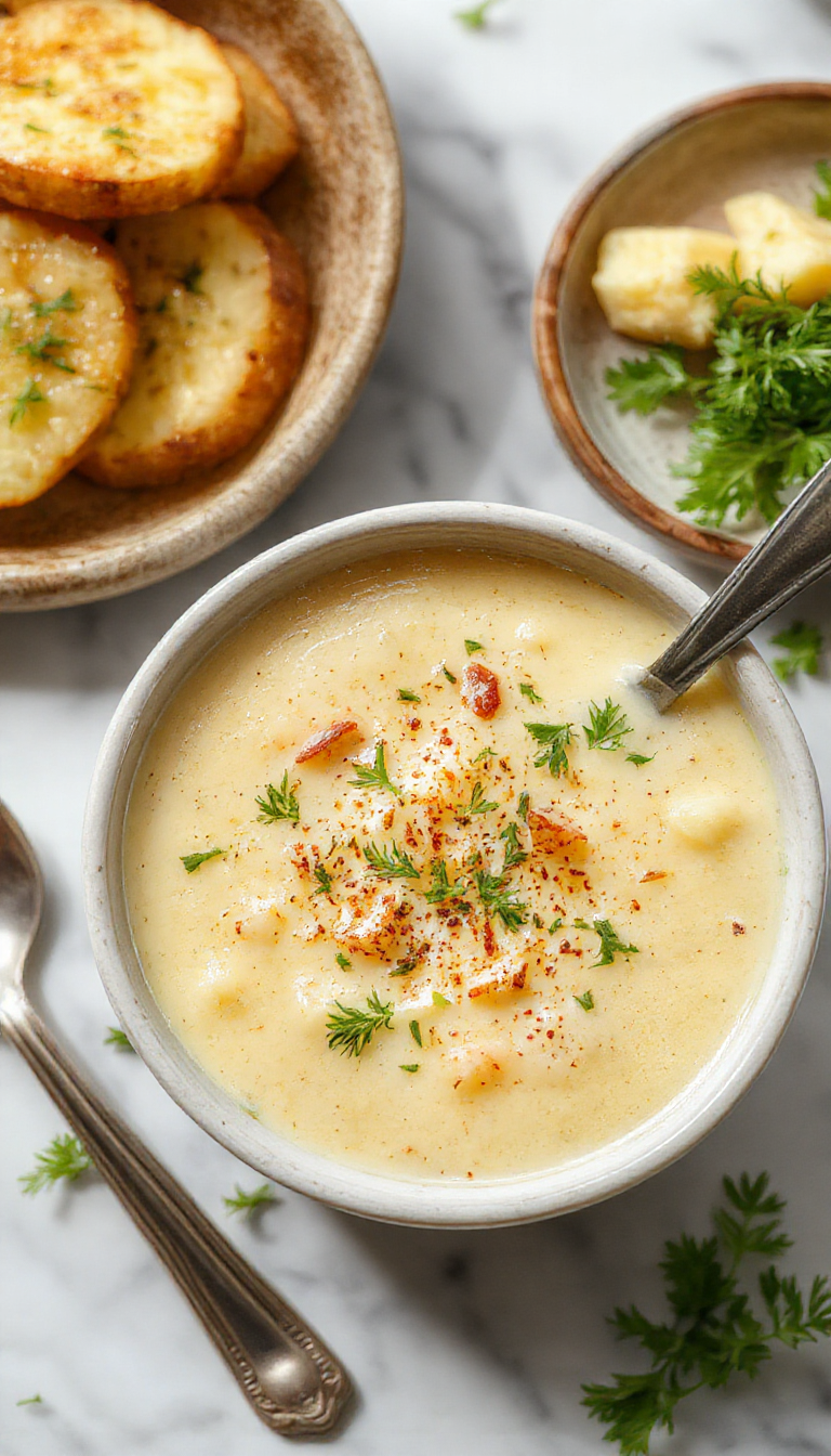 A steaming bowl of creamy cheddar garlic herb potato soup garnished with chopped herbs and shredded cheese, served in a rustic white bowl on a wooden table with fresh herbs and garlic cloves around, showcasing rich textures and vibrant colors.