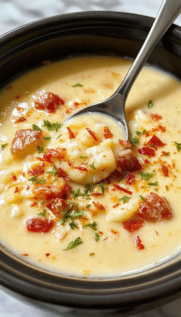 A steaming bowl of creamy potato soup topped with shredded cheese, crispy bacon bits, chopped green onions, served in a rustic white bowl with a spoon, surrounded by whole potatoes, shredded cheese, and fresh herbs on a wooden table, vibrant colors highlighting the rich, cheesy textures