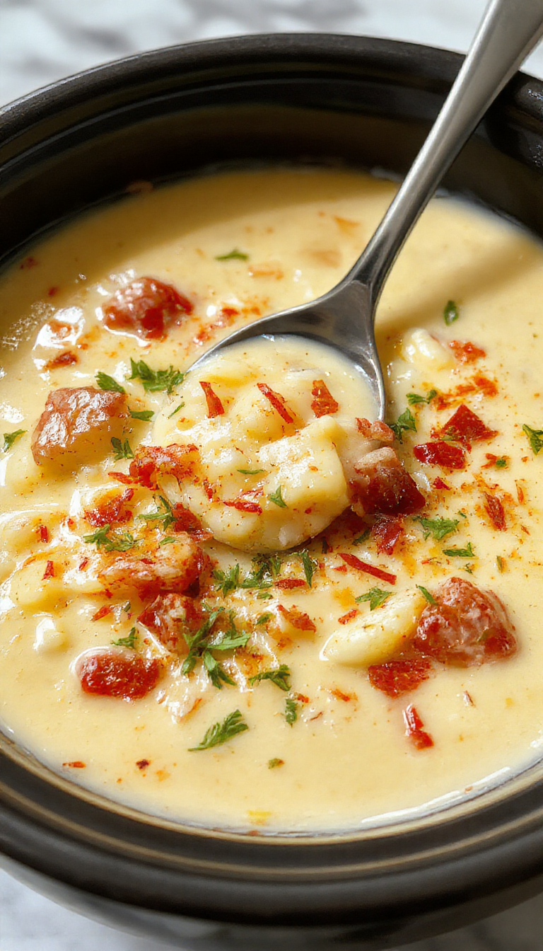 A steaming bowl of creamy potato soup topped with shredded cheese, crispy bacon bits, chopped green onions, served in a rustic white bowl with a spoon, surrounded by whole potatoes, shredded cheese, and fresh herbs on a wooden table, vibrant colors highlighting the rich, cheesy textures