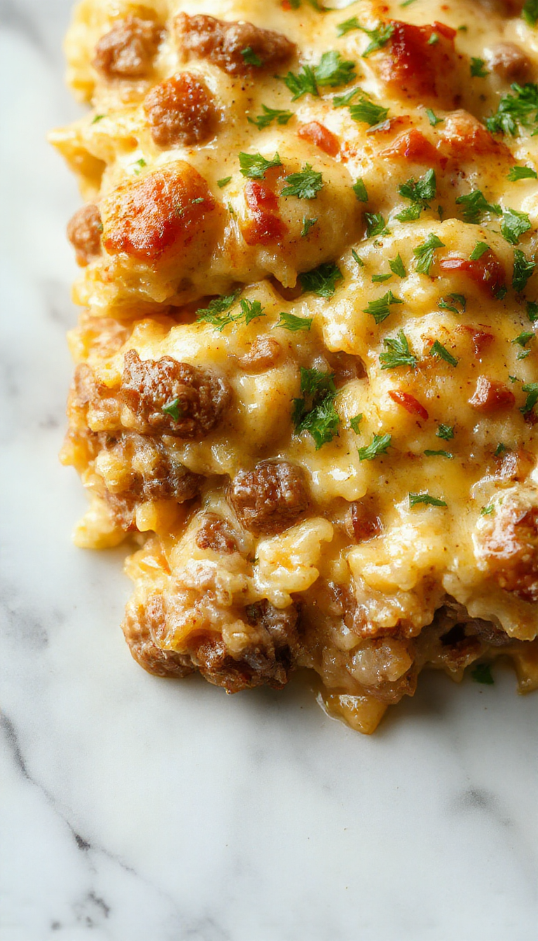 A colorful baked casserole dish featuring a golden-brown cheesy topping, ground beef, cooked rice, and chopped green onions, neatly arranged on a rustic serving platter, with a spoon and sliced portions showing the creamy inside and melty cheese.