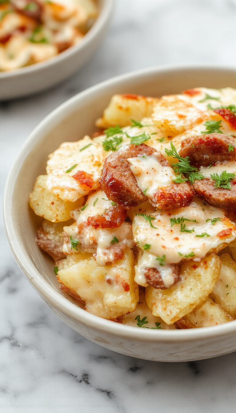 A vibrant dish featuring golden roasted potatoes topped with melted cheese, creamy ranch drizzle, slices of smoked sausage, garnished with fresh herbs on a rustic wooden table with colorful vegetables around.