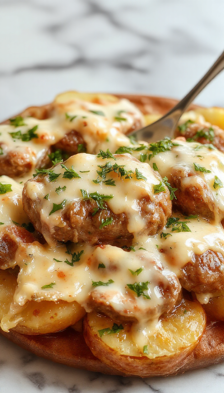 A vibrant plate featuring golden-brown roasted potatoes topped with melted cheese and fresh green herbs, slices of smoked sausage arranged neatly beside. The dish is garnished with sprigs of parsley, with a creamy ranch drizzle visible on the crispy edges, all presented on a rustic wooden table with warm ambient lighting highlighting the textures and rich colors.