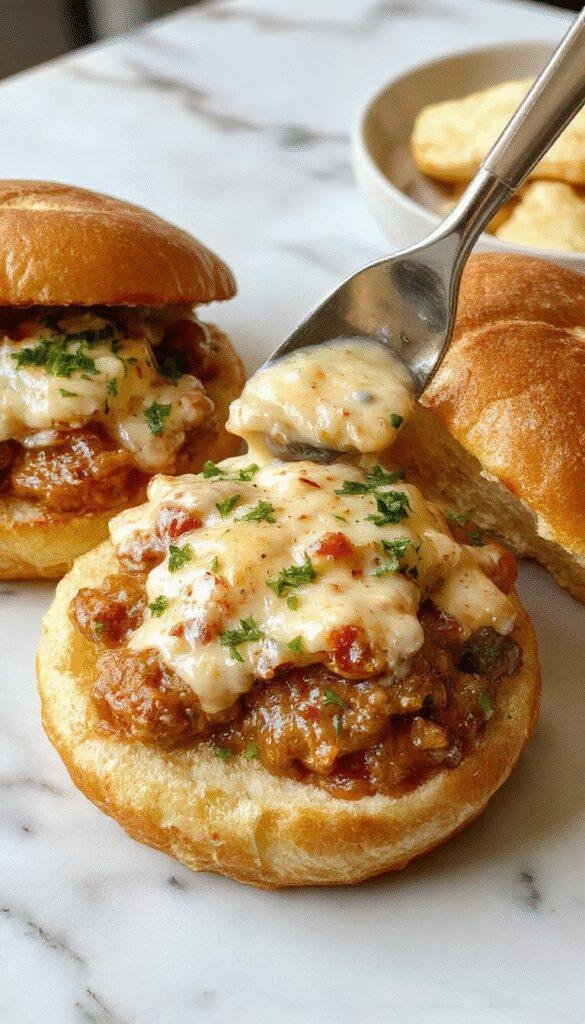 A vibrant plate featuring a golden-brown bun filled with creamy chicken Alfredo sloppy joes, topped with parsley and grated cheese. The sandwich showcases a rich, cheesy filling with visible chicken chunks, presented on a rustic wooden board with fresh herbs and a side of crispy fries.
