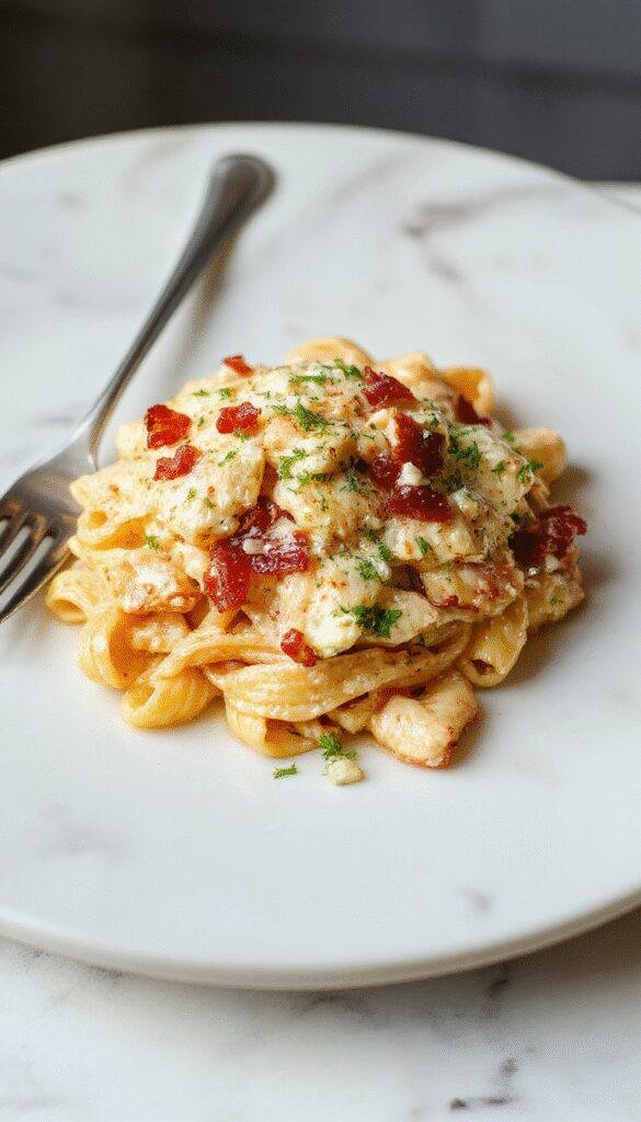 A vibrant plate of creamy chicken bacon ranch pasta garnished with chopped herbs, featuring crispy bacon bits and tender pasta coated in a rich, creamy sauce, served in a stylish white bowl with fresh parsley on top, against a rustic wooden table background.