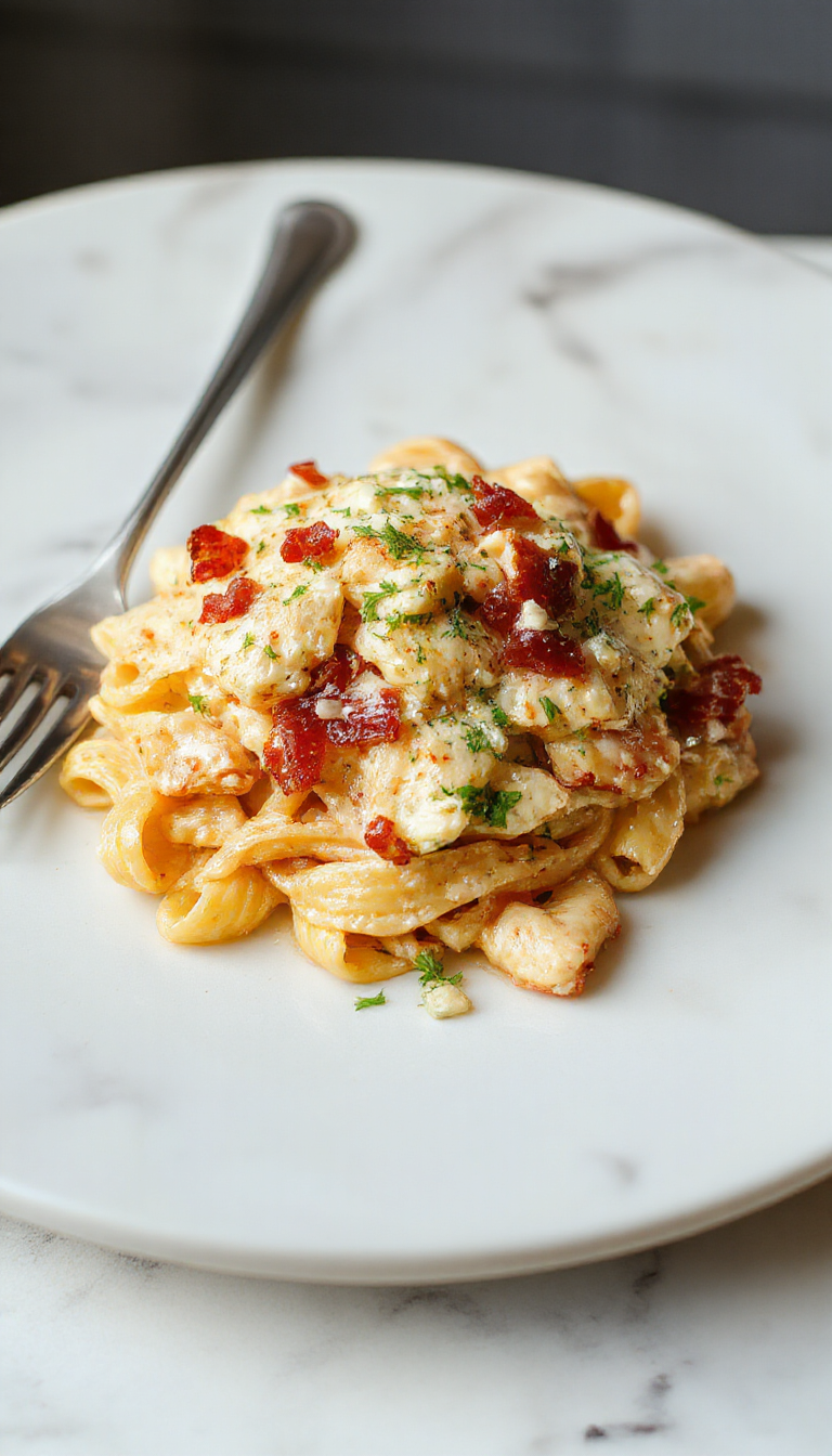 A vibrant plate of creamy chicken bacon ranch pasta garnished with chopped herbs, featuring crispy bacon bits and tender pasta coated in a rich, creamy sauce, served in a stylish white bowl with fresh parsley on top, against a rustic wooden table background.