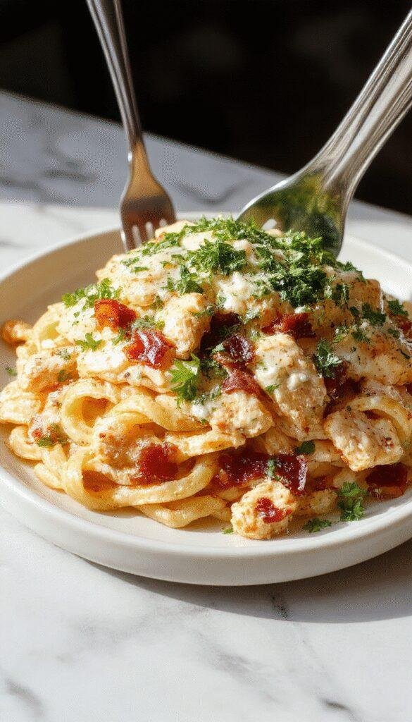 A comforting plate of creamy chicken bacon ranch pasta with tender pasta noodles coated in a rich, creamy white sauce, topped with crispy bacon bits and fresh herbs. The dish is beautifully plated with a garnish of chopped green onions and a sprinkle of black pepper, showcasing a warm, inviting scene with vibrant colors and a rustic wooden background.