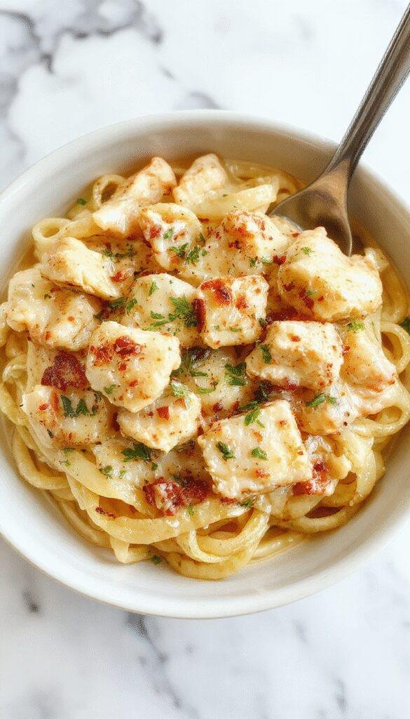A close-up of a steaming plate of creamy chicken buttered noodles with golden noodles coated in a rich sauce, garnished with fresh parsley, served on a white ceramic plate with a rustic wooden table background, highlighting the glossy texture of the dish and inviting comfort-food appeal.