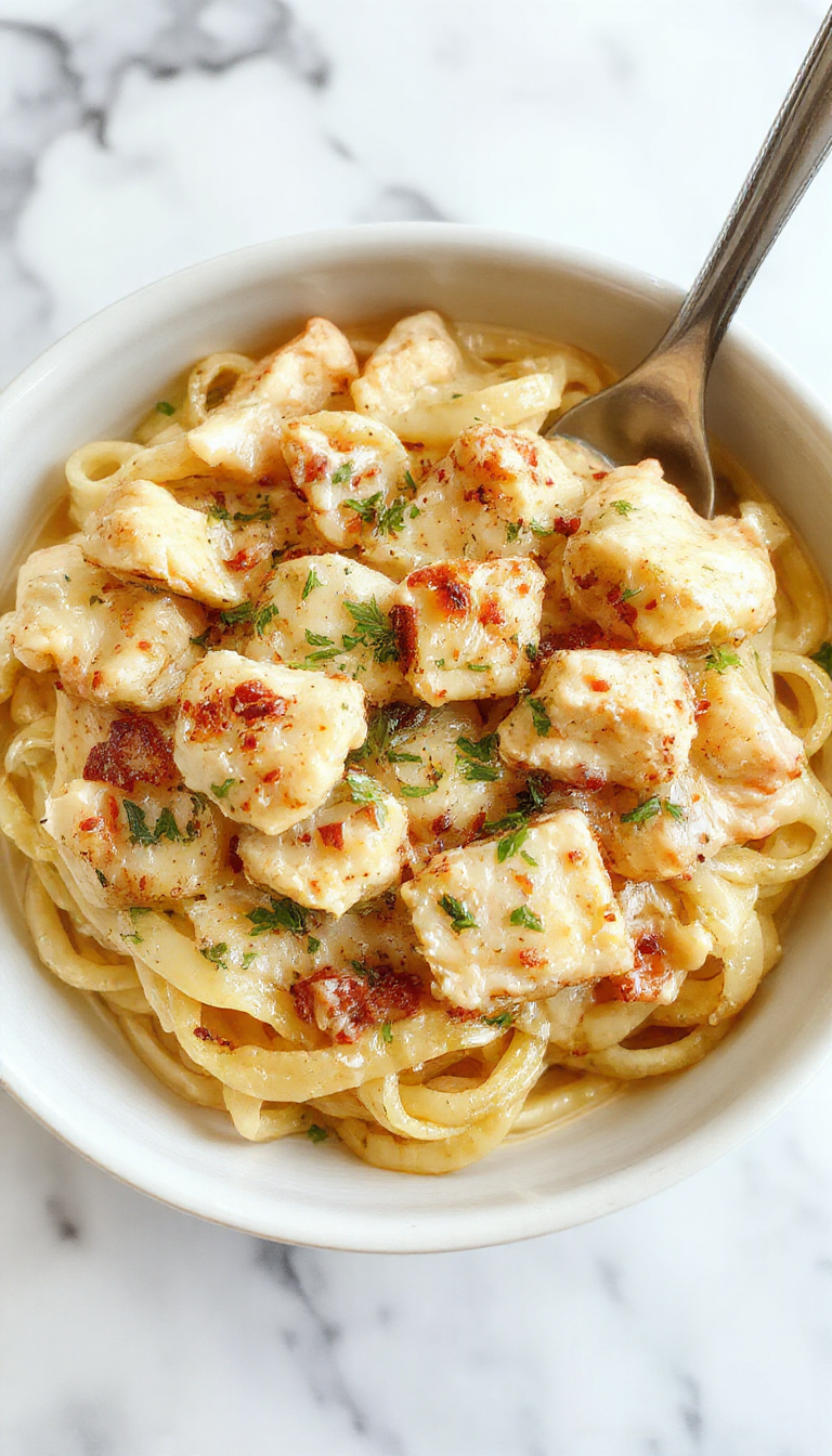 A close-up of a steaming plate of creamy chicken buttered noodles with golden noodles coated in a rich sauce, garnished with fresh parsley, served on a white ceramic plate with a rustic wooden table background, highlighting the glossy texture of the dish and inviting comfort-food appeal.