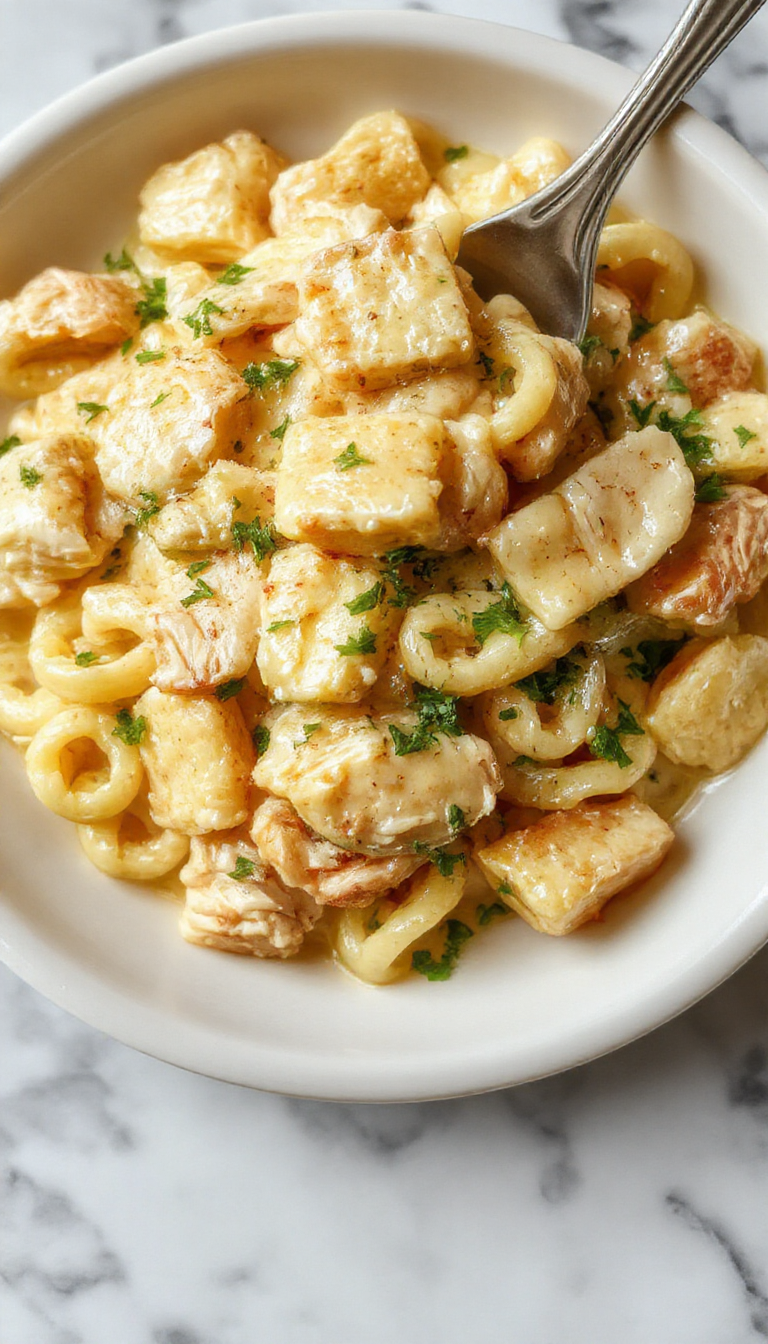 A vibrant bowl of chicken buttered noodles featuring tender sliced chicken atop creamy, buttery noodles garnished with fresh parsley, served on a rustic white plate with a sprinkle of black pepper and a side of green beans, with warm lighting emphasizing the rich textures and golden hues of the dish