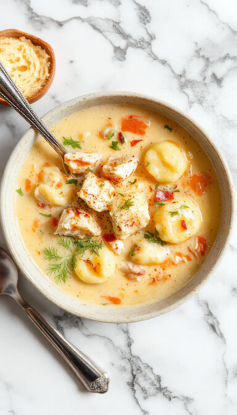 A bowl of rich and creamy chicken gnocchi soup garnished with fresh herbs, showcasing soft gnocchi, shredded chicken, spinach, and a smooth, velvety broth set on a rustic wooden table with a spoon.