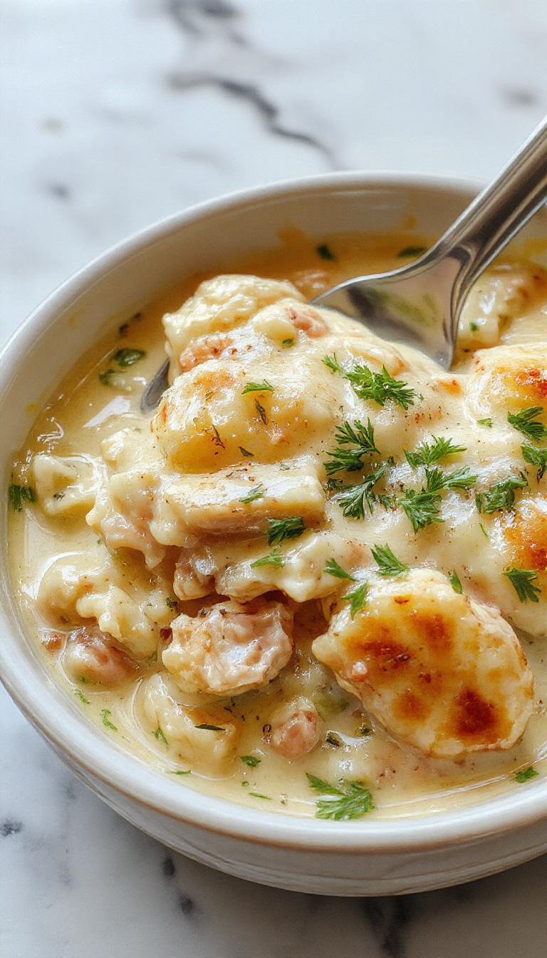 A vibrant plate of creamy chicken pot pie pasta featuring golden-brown flaky crust pieces, tender chunks of chicken, mixed with creamy sauce, garnished with fresh herbs, colorful vegetables, and served on a rustic wooden table.