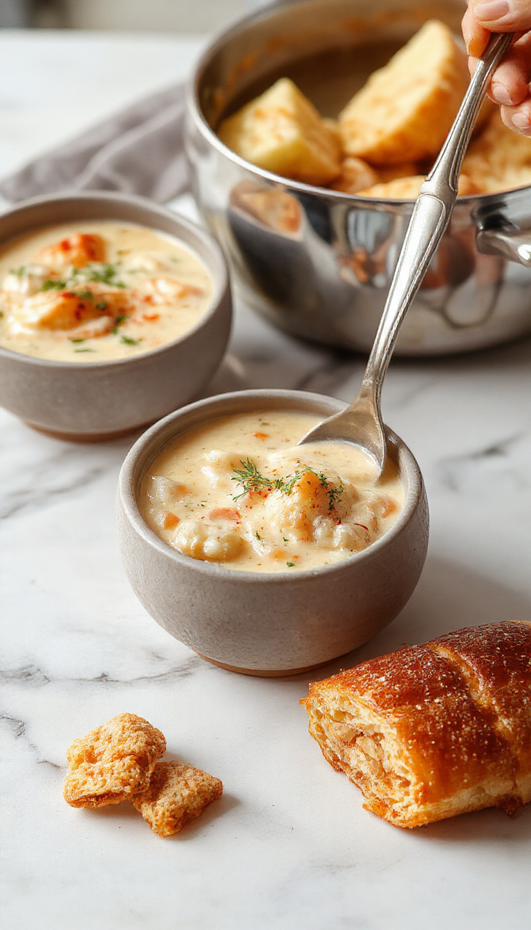 A warm bowl of chicken pot pie soup with golden crust crumbles on top, surrounded by fresh herbs and cracked pepper, served in a rustic white bowl on a wooden table, with steam rising highlighting its creamy texture and hearty ingredients.