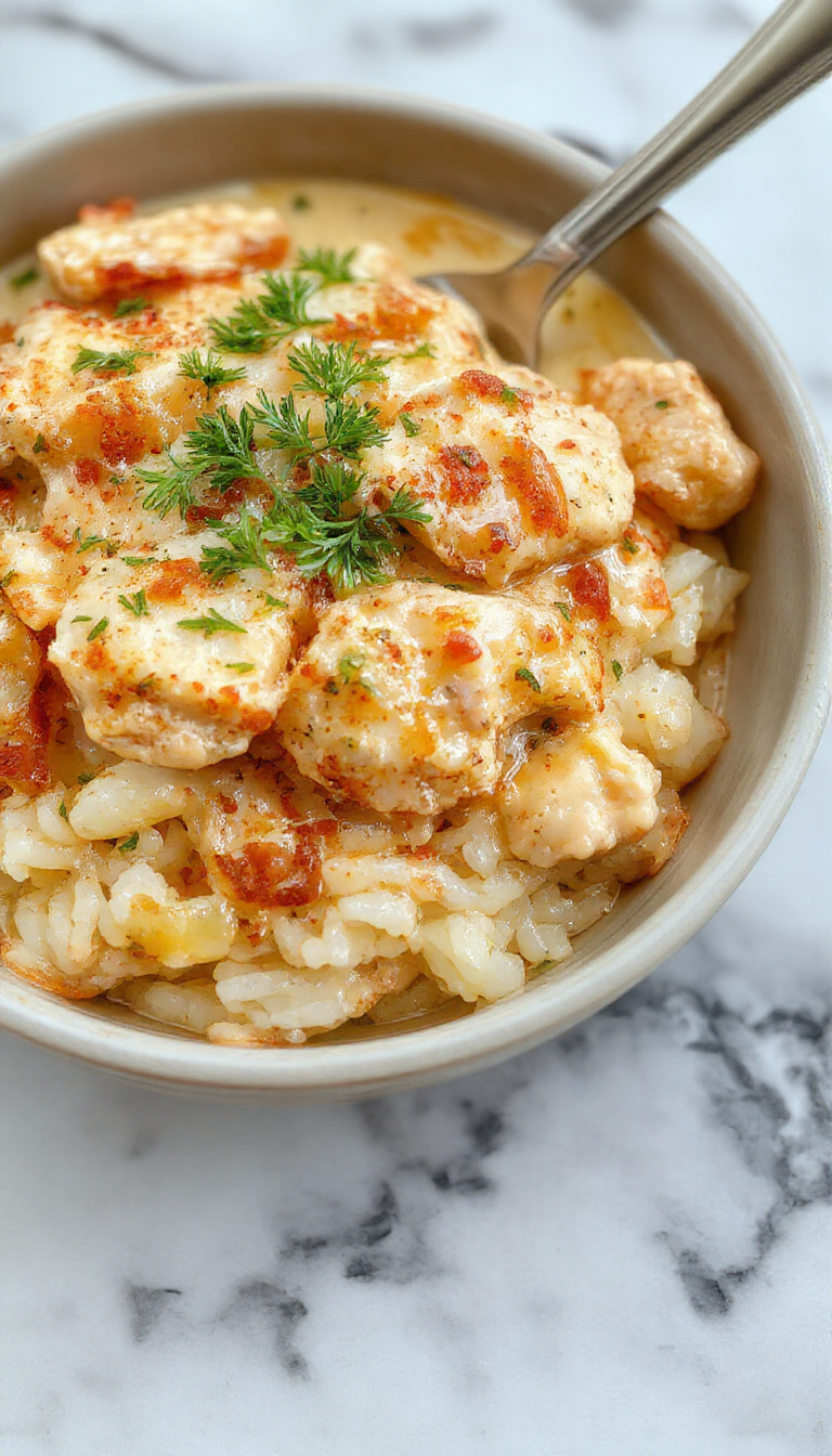 A comforting bowl of Creamy Chicken & Rice with tender chicken pieces, fluffy rice, and a rich creamy sauce garnished with herbs.