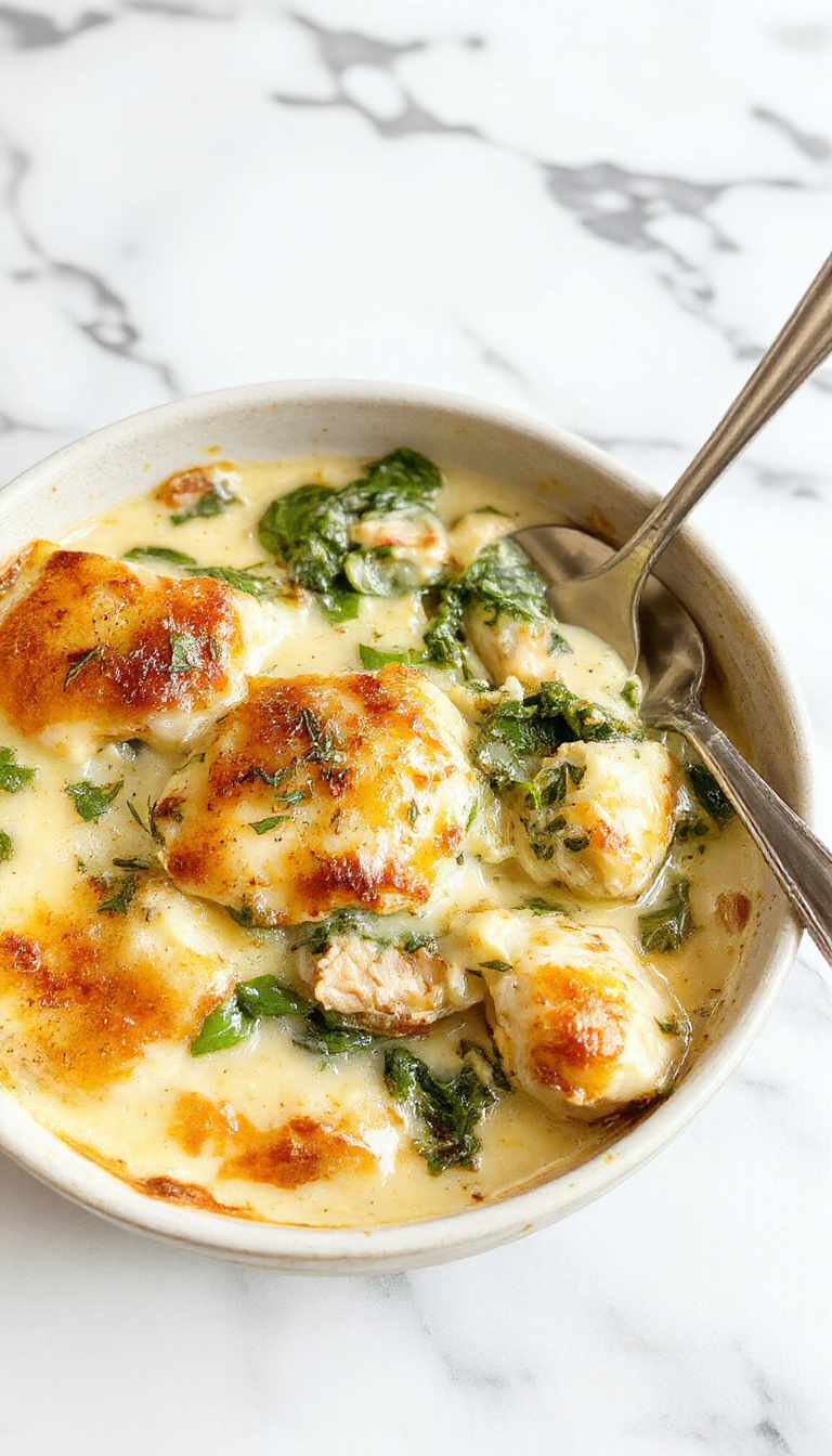 A vibrant creamy chicken and spinach casserole served in a rustic white baking dish. The dish showcases tender shredded chicken, fresh bright green spinach, and a golden bubbly cheese topping. Garnished with chopped herbs, the casserole has a rich, creamy texture with hints of browned edges, contrasted by the crisp, colorful side of mixed greens and cherry tomatoes around it, styled on a wooden table.