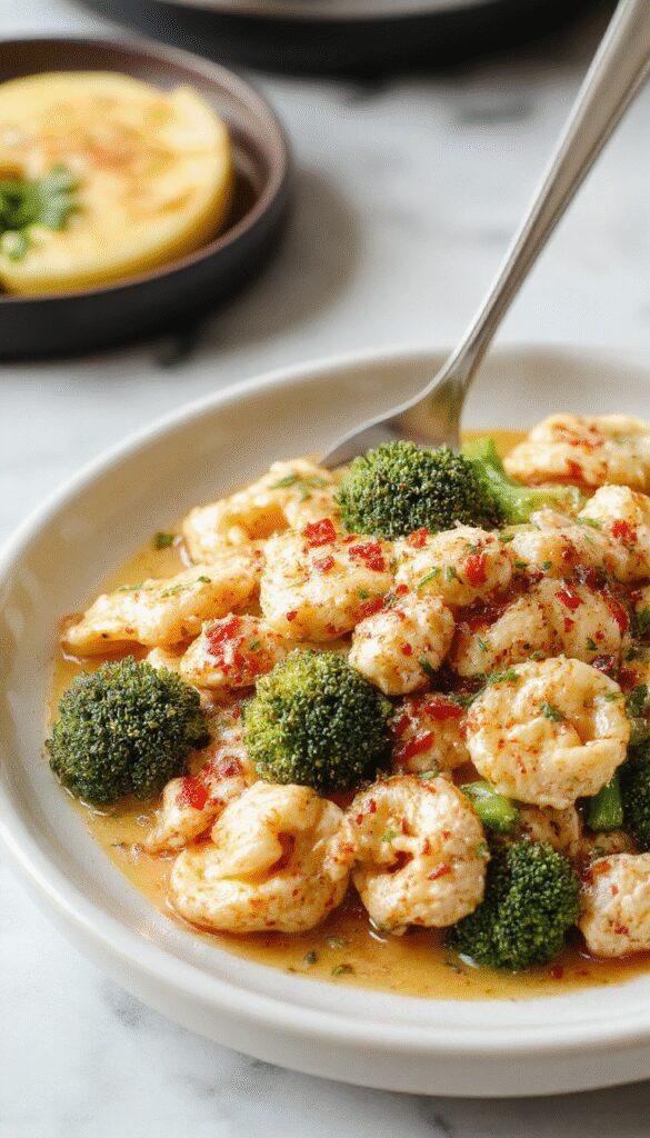 A vibrant plate of creamy chicken tortellini garnished with bright green broccoli florets, drizzled with a creamy sauce, served on a rustic white plate with a sprinkle of herbs, with a fork resting beside it, showcasing a comforting and colorful pasta dish.
