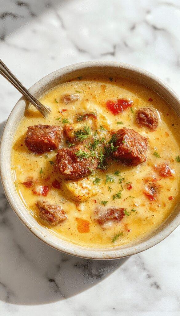 A bowl of creamy cowboy soup with chunks of beef, corn, and beans, topped with shredded cheese and chopped green onions, served in a rustic white bowl on a wooden table with a spoon and rustic cloth napkin, vibrant colors and inviting textures.