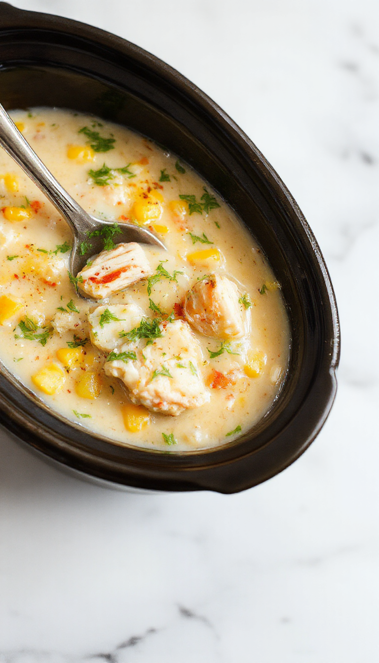 A bowl of rich chicken corn chowder garnished with fresh chopped herbs, served on a rustic wooden table. The chowder is thick with tender bits of chicken, sweet corn kernels, and creamy broth, topped with a sprinkle of cilantro. The vibrant yellow and white colors contrast beautifully against the dark background, highlighting the inviting, hearty texture of the dish and the steaming warmth.