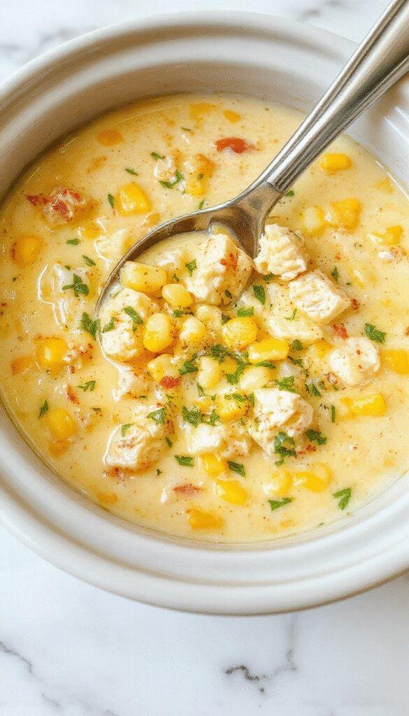 A warm, inviting bowl of creamy chicken corn chowder garnished with fresh herbs, with chunks of tender chicken, sweet corn, and a creamy broth, surrounded by rustic bread slices on a wooden table.