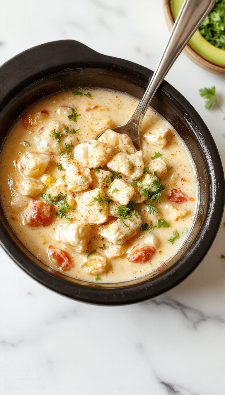 A vibrant bowl of white chicken chili garnished with fresh cilantro and shredded cheese, with a creamy texture and chunks of tender chicken, served on a rustic wooden table with a spoon and warm fall decor in the background