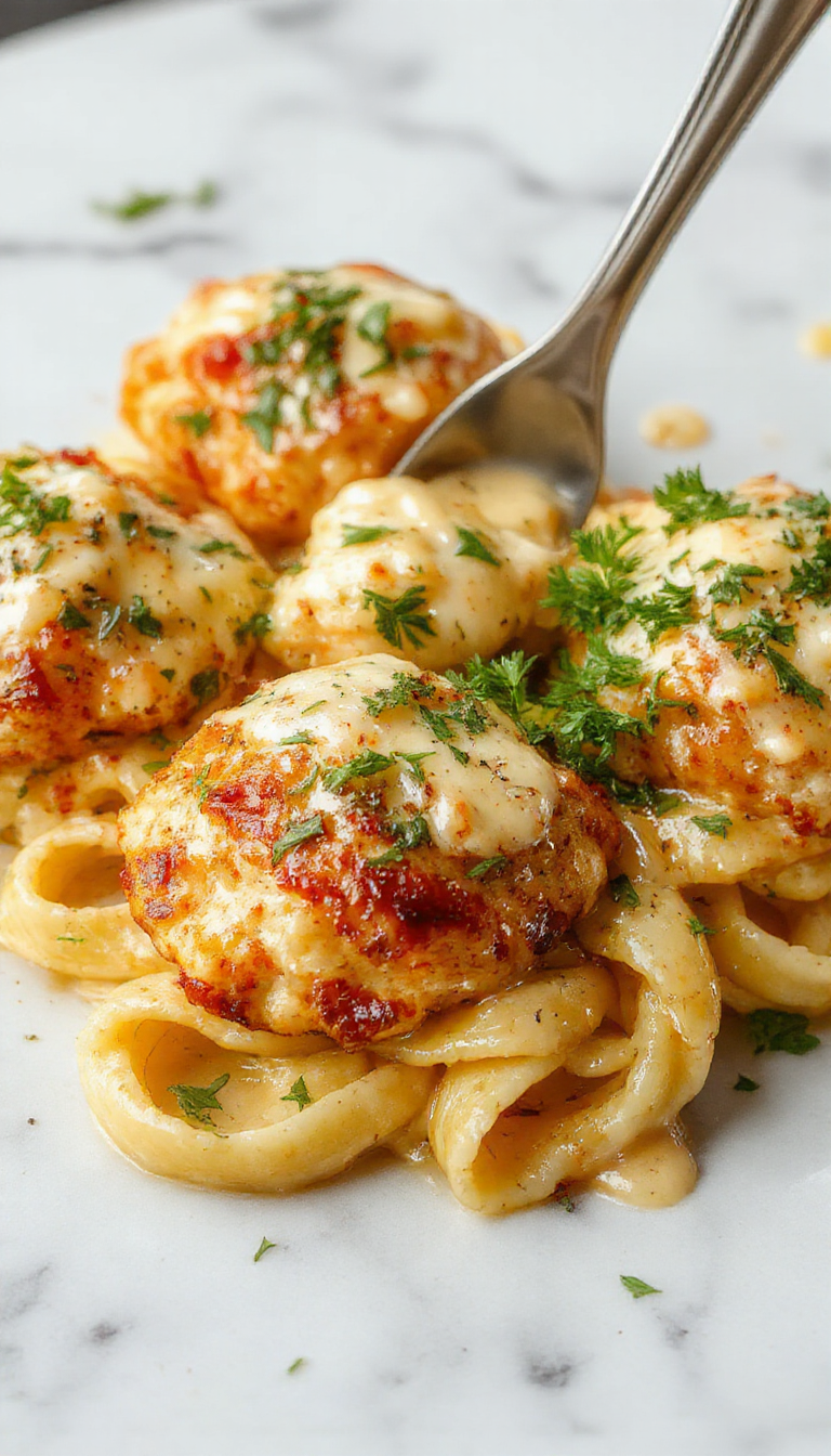 A vibrant plate featuring golden-brown chicken bites coated in garlic butter sauce, garnished with fresh herbs, served alongside creamy pasta with a smooth, glossy texture, colorful vegetables and a sprinkle of herbs for garnish, styled on a rustic wooden plate.