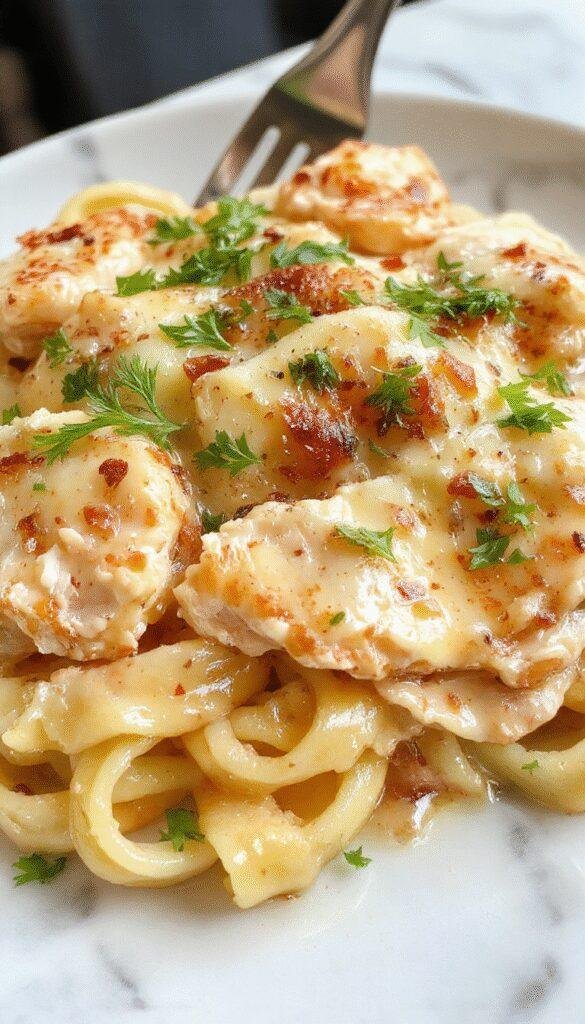 A vibrant plate of garlic butter chicken pasta featuring tender chicken pieces coated in creamy garlic sauce, garnished with fresh parsley, served on a white ceramic plate with a side of toasted bread slices, surrounded by scattered crushed red pepper flakes and grated Parmesan, with steam rising highlighting the rich textures and inviting aroma.