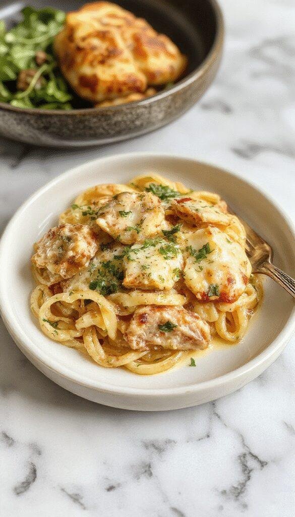 A plate of Creamy Garlic & Herb Chicken Pasta garnished with fresh herbs, showcasing tender chicken pieces coated in creamy sauce with pasta strands.