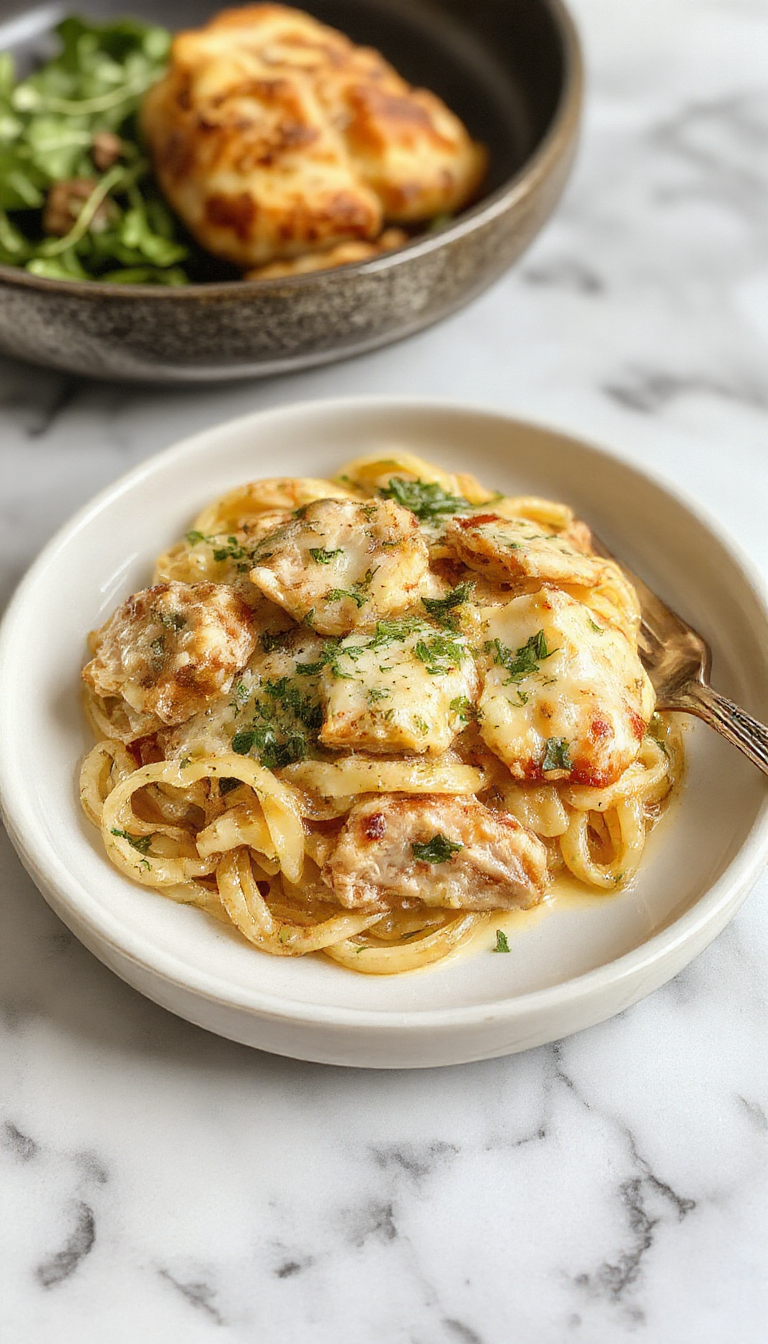 A plate of Creamy Garlic & Herb Chicken Pasta garnished with fresh herbs, showcasing tender chicken pieces coated in creamy sauce with pasta strands.