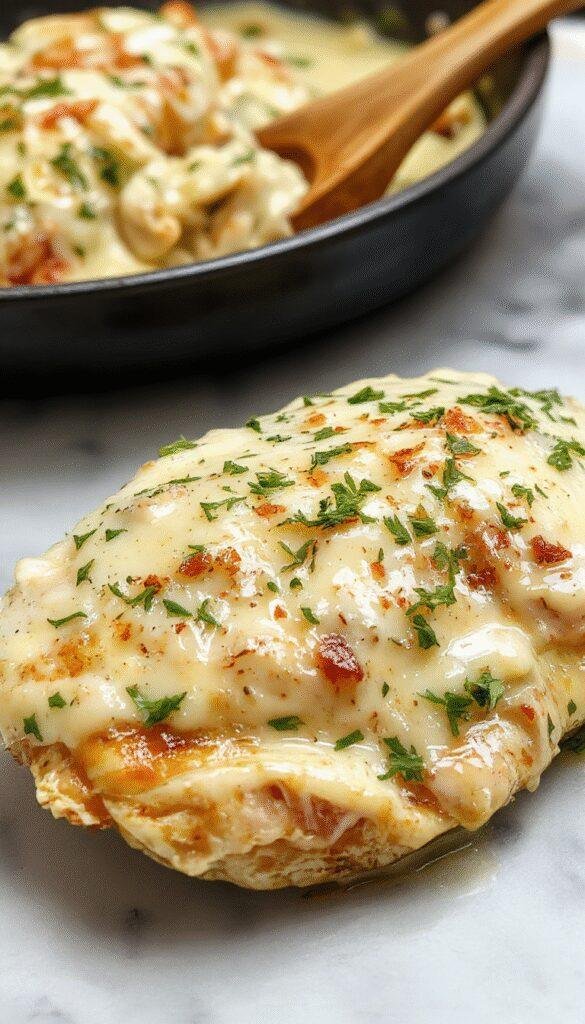 A close-up of a golden-brown chicken breast topped with a rich, creamy garlic Parmesan sauce, garnished with chopped parsley, served on a white plate with a side of steamed vegetables, featuring a glossy sauce texture and aromatic herbs