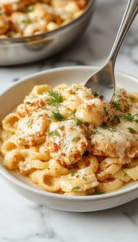 A vibrant plate of creamy garlic parmesan chicken pasta featuring tender slices of chicken atop al dente spaghetti coated in glossy, cheese-laden sauce. The dish is garnished with fresh parsley and grated parmesan, served on a rustic wooden table with a sprinkle of black pepper and a side of crusty bread. Bright natural lighting highlights the rich textures and inviting colors, making it look both comforting and delicious.