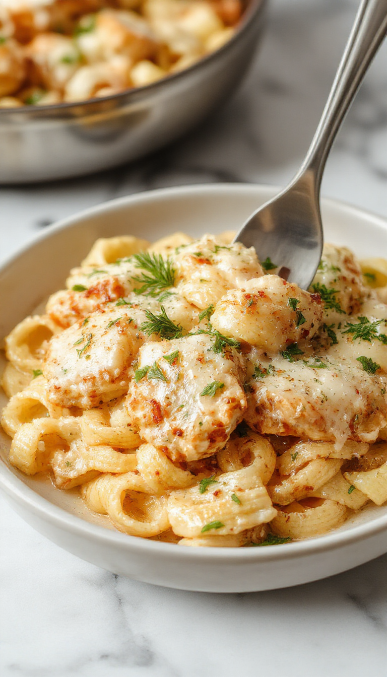 A vibrant plate of creamy garlic parmesan chicken pasta featuring tender slices of chicken atop al dente spaghetti coated in glossy, cheese-laden sauce. The dish is garnished with fresh parsley and grated parmesan, served on a rustic wooden table with a sprinkle of black pepper and a side of crusty bread. Bright natural lighting highlights the rich textures and inviting colors, making it look both comforting and delicious.