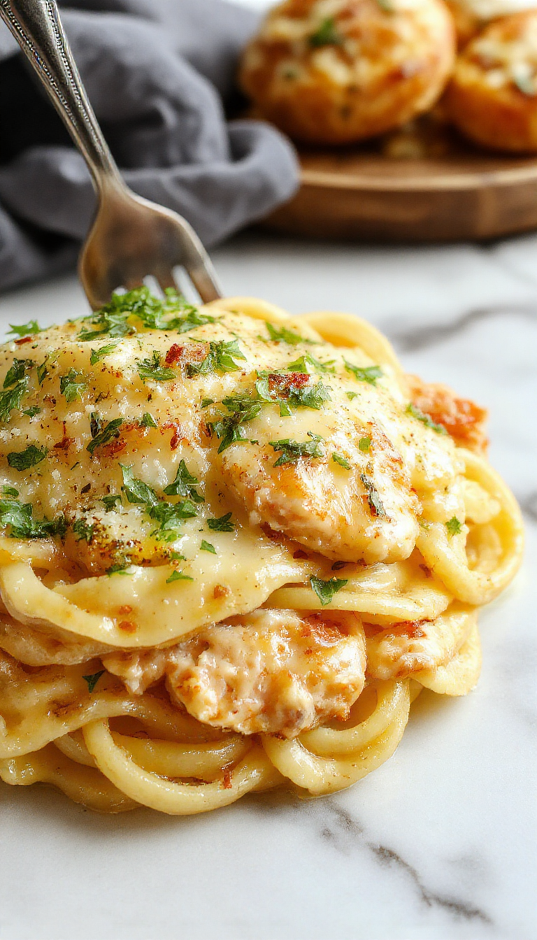 A vibrant plate of creamy garlic parmesan chicken pasta featuring tender shredded chicken coated in a rich, creamy sauce sprinkled with grated parmesan cheese, garnished with chopped fresh parsley, served on a white dinner plate. The pasta is perfectly cooked with a silky sauce, with hints of garlic and herbs visible, styled elegantly on a rustic wooden table with a side of mixed greens.