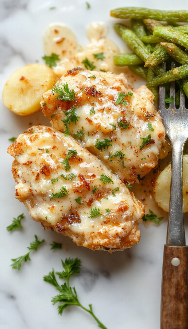 A vibrant plate featuring crispy roasted chicken breasts glazed with garlic Parmesan sauce, surrounded by golden roasted garlic mashed potatoes, garnished with fresh parsley. The scene showcases a rustic wooden table with a drizzle of sauce, highlighting textures of crispy skin and creamy potatoes with herbs, styled beautifully for an inviting home-cooked meal.