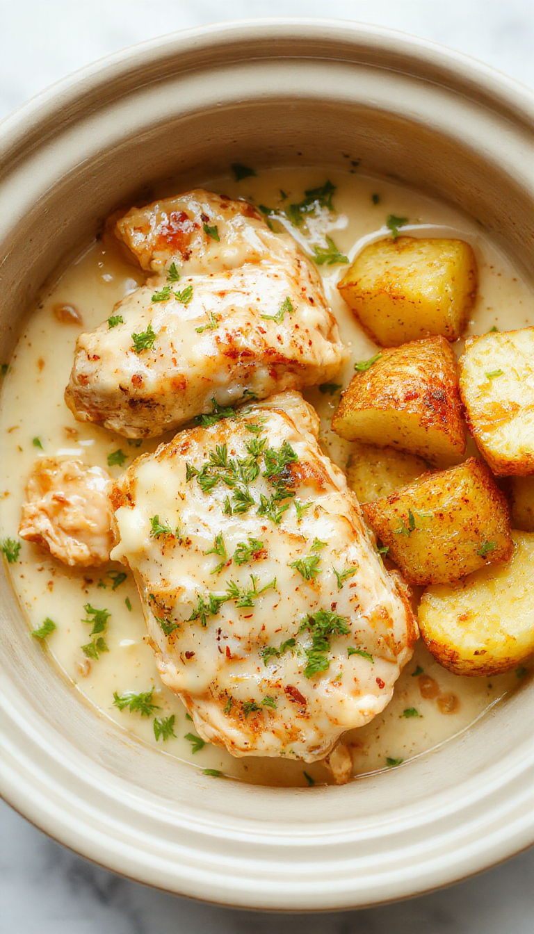 A close-up of a golden-brown garlic parmesan chicken served on a rustic white plate, surrounded by tender roasted potatoes and fresh herbs, with melted cheese and a sprinkle of parsley on top, styled on a wooden table with a warm and inviting atmosphere.