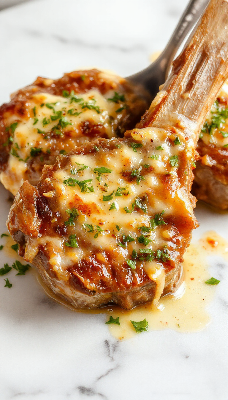 Aromatic slow cooker pork chops coated in a rich garlic Parmesan sauce sit elegantly on a white plate. The pork has a golden-brown crust, topped with finely grated Parmesan cheese and garnished with fresh parsley. The dish is surrounded by roasted garlic cloves and sprigs of parsley, with a background of a cozy kitchen setting and warm lighting highlighting the textures and creamy sauce.