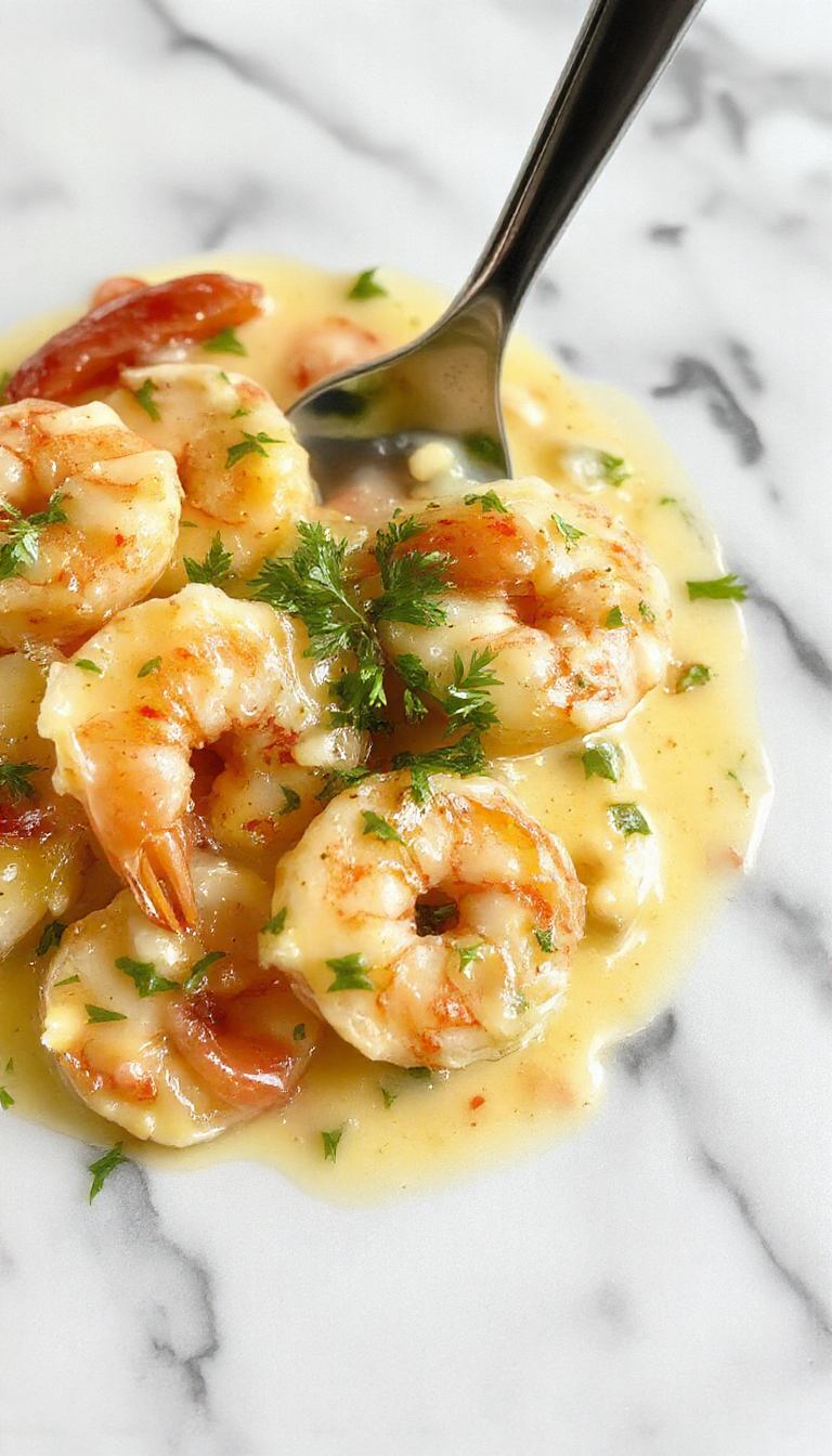 A vibrant plate of creamy garlic shrimp featuring succulent pink shrimp coated in a rich, buttery garlic sauce, garnished with fresh parsley, served on a white ceramic plate with a rustic wooden table background, showcasing a glossy texture and aromatic herbs.
